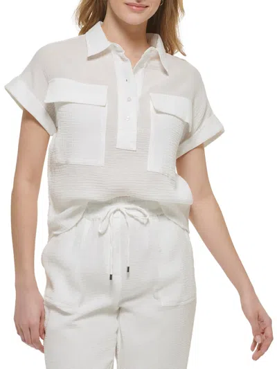 Calvin Klein Womens Cuff Sleeve Collared Blouse In White