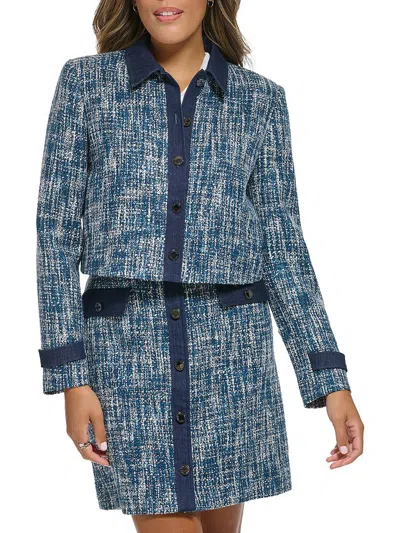 Calvin Klein Womens Denim Trim Crop Suit Jacket In Blue