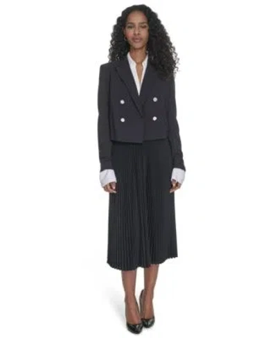 Calvin Klein Womens Double Breasted Cropped Jacket Pleated Pull On Midi Skirt In Black