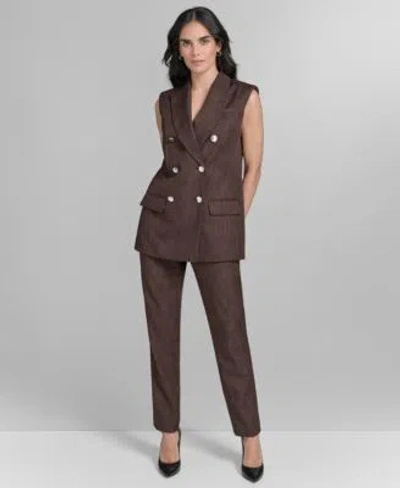 Calvin Klein Womens Double Breasted Peak Lapel Sleeveless Jacket Novelty High Rise Skinny Ankle Pants In Brown