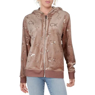 Calvin Klein Womens Embellished Velour Hoodie
