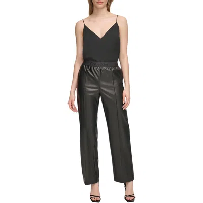 Calvin Klein Womens Faux Leather Banded Waist Straight Leg Pants In Black