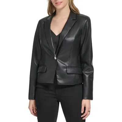 Calvin Klein Womens Faux Leather Dressy One-button Blazer In Black