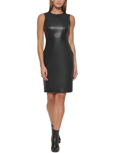 Calvin Klein Womens Faux Leather Mini Sheath Dress In Black