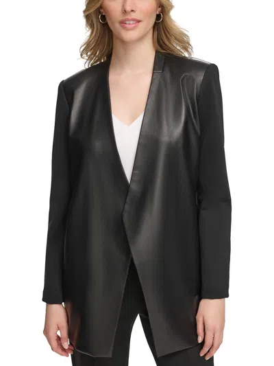 Calvin Klein Womens Faux Leather Open-front Blazer In Black