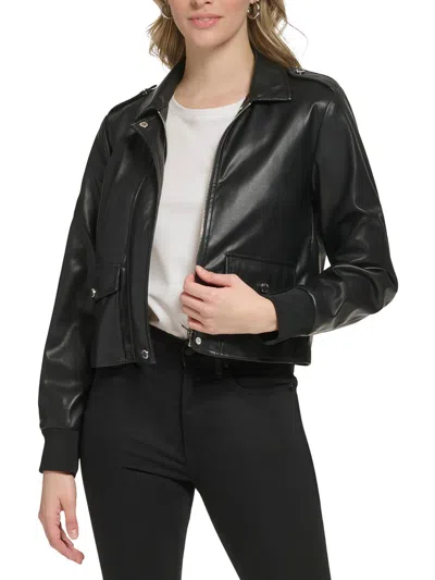 Calvin Klein Womens Faux Leather Soft Shell Jacket In Black