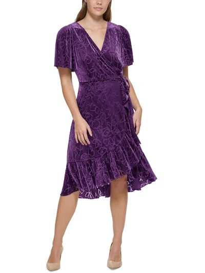 Calvin Klein Womens Faux Wrap Velvet Wrap Dress In Purple