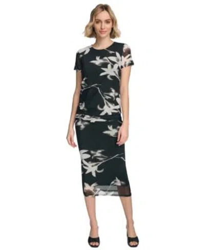 Calvin Klein Womens Floral Knit Short Sleeve Top Pencil Skirt In Black Multi