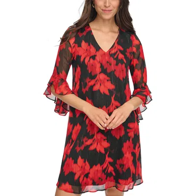 Calvin Klein Womens Floral Print Above Knee Shift Dress In Red