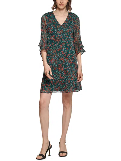 CALVIN KLEIN WOMENS FLORAL PRINT CHIFFON SHIFT DRESS