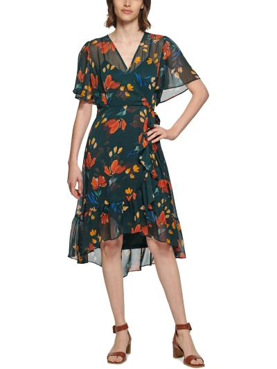 Calvin Klein Womens Floral Print Hi-low Wrap Dress In Green