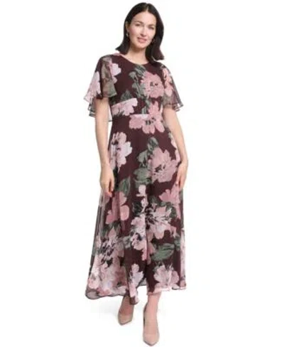 Calvin Klein Womens Flutter Sleeve Floral Chiffon Fit Flare Dress In Multi