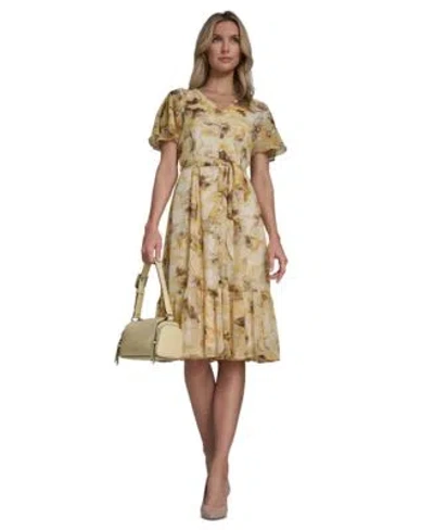 Calvin Klein Womens Flutter Sleeve Floral Print Dress In Brown