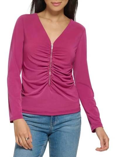 Calvin Klein Womens Front Zip V Neck Blouse In Pink