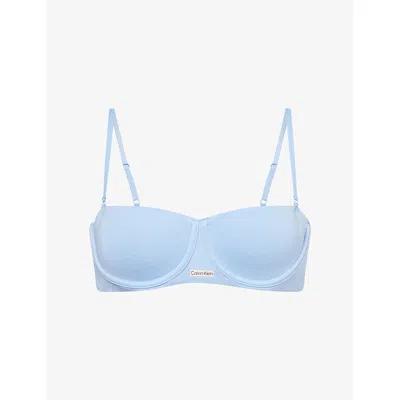 Calvin Klein Womens Frozen Fjord Bare Logo-embroidered Cotton And Modal-blend Balconette Bra In Blue