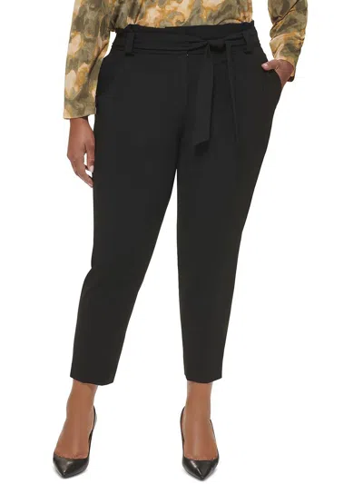 Calvin Klein Plus Womens Tie Waist Linen Blend High-waist Pants In Black