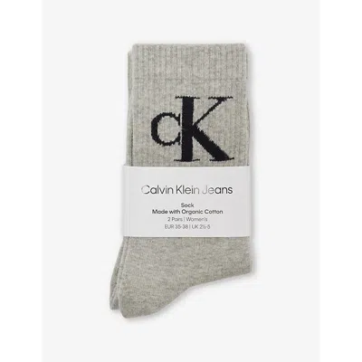 Calvin Klein Womens Brand-monogram Ribbed Pack Of Two Cotton-blend Crew Socks Light Grey Melange
