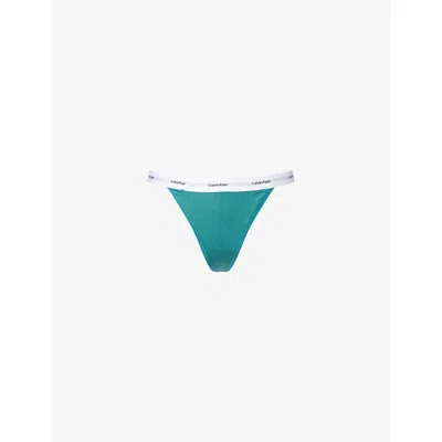 Calvin Klein Womens Lively Teal Branded Ribbed Stretch-cotton Thong