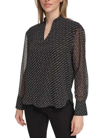 Calvin Klein Womens Logo Split Neck Blouse In Multi