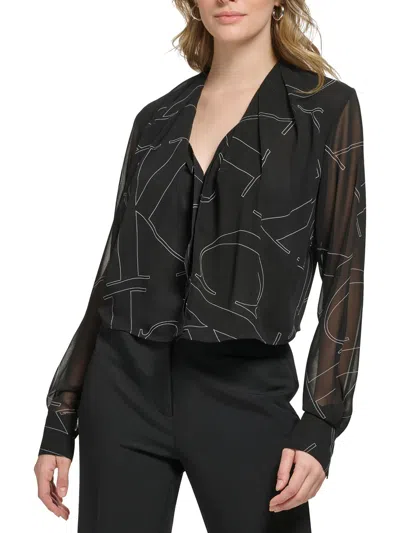 Calvin Klein Womens Logo V-neck Button-down Top In Black