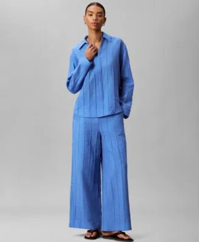 Calvin Klein Womens Long Sleeve Classic Fit Open Collared Shirt Wide Leg Mid Rise Pants In Blue