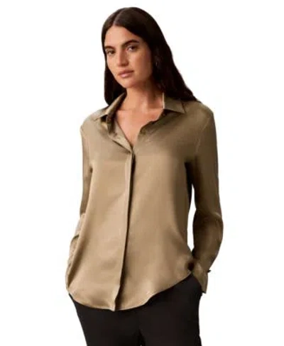 Calvin Klein Womens Long Sleeve Collared Shirt In Cafe Mist Heather