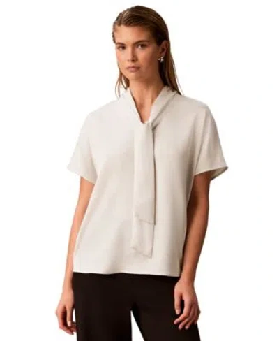 Calvin Klein Womens Matte Satin Tie Neck Blouse In Cafe Mist