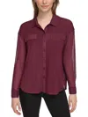 Calvin Klein Womens Mesh Long Sleeve Button-down Top In Red
