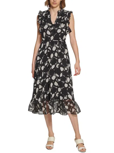 Calvin Klein Womens Metallic Midi Fit & Flare Dress In Black