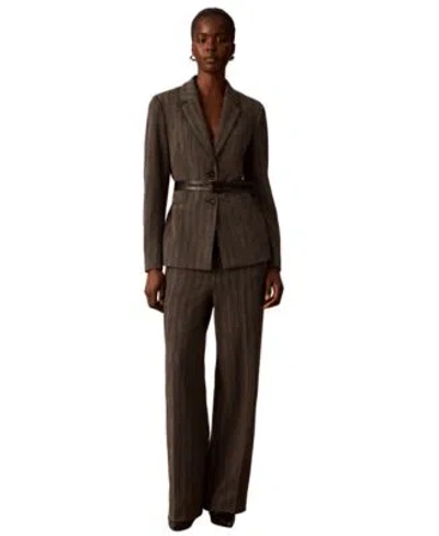 Calvin Klein Womens Notch Collar Long Sleeve Blazer Pull On Wide Leg Herringbone Pants In Brown