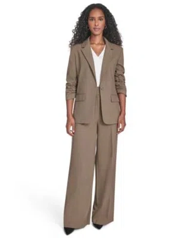 Calvin Klein Womens Novelty One Button Blazer Wide Leg Pants Mixed Media Sleeveless Blouse In Brown