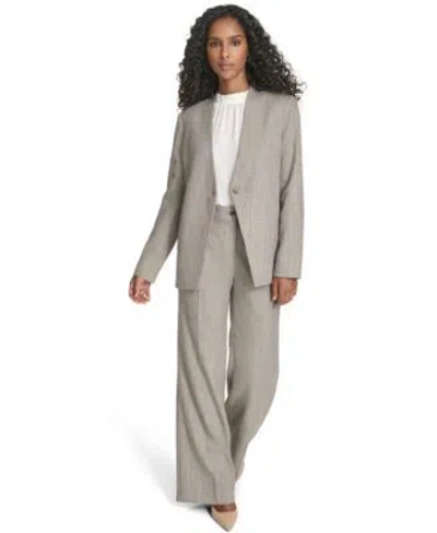 Calvin Klein Womens Novelty One Button Collarless Jacket Novelty Pleated Wide Leg Pants Textured Long Sleeve Top In White