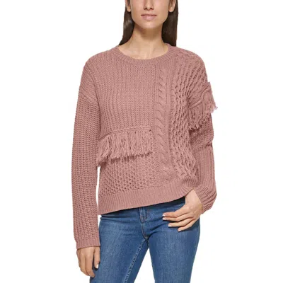 Calvin Klein Womens Open Stitch Fringe Crewneck Sweater In Brown
