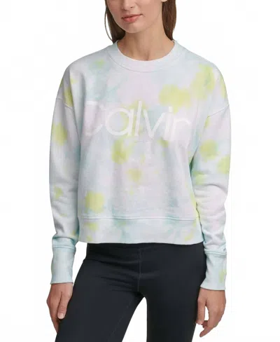 Calvin Klein Womens Performance Logo Tie-dyed French Terry Sweatshirt In Kensington Lime Zest In White