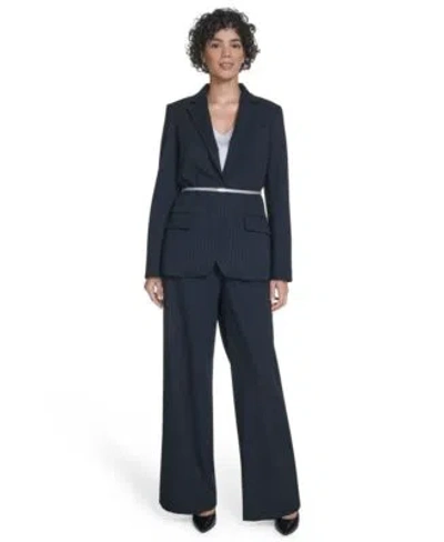 Calvin Klein Womens Pinstripe Belted One Button Jacket High Rise Wide Leg Pants In Black