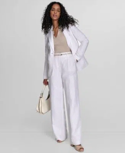 Calvin Klein Womens Pinstriped One Button Blazer Belted Pants