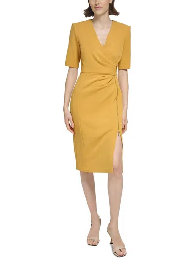 Calvin Klein Womens Pleated Polyester Sheath Dress In Gold