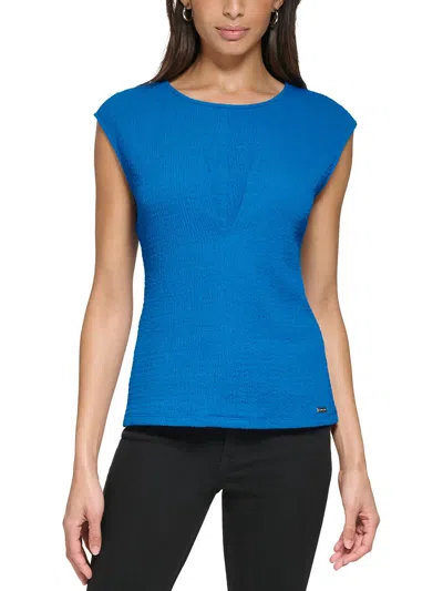 Calvin Klein Womens Pleated V Cap Sleeve Blouse In Blue