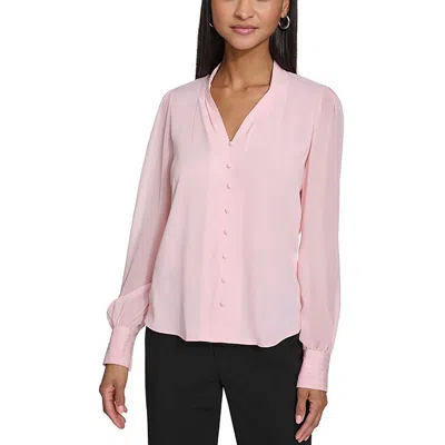 Calvin Klein Womens Pleated V-neck Button-down Top In Silver