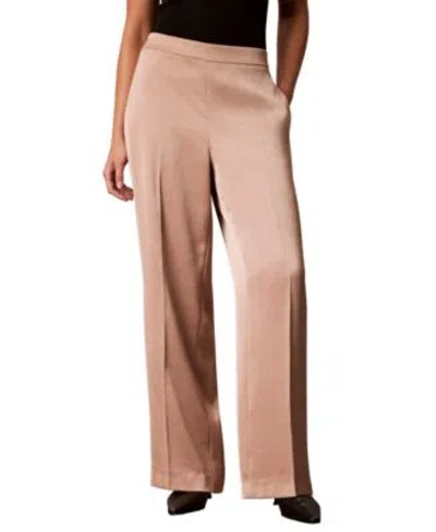Calvin Klein Womens Pull On Wide Leg Satin Pants In Neutral