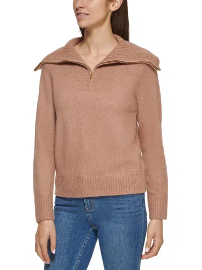 Calvin Klein Womens Quarter Zipper Ribbed Trim Pullover Sweater In Beige