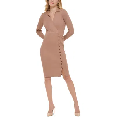 Calvin Klein Womens Ribbed Collared Sweaterdress In Beige