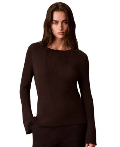 Calvin Klein Womens Ribbed Sculpted Sleeve Crewneck Sweater In Brown