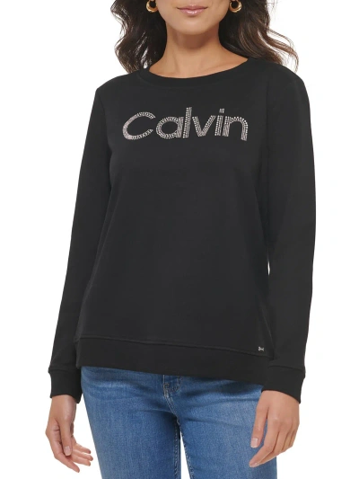 Calvin Klein Womens Ribbed Trim Logo Sweatshirt In Black