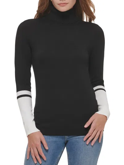 Calvin Klein Womens Ribbed Trim Turtleneck Pullover Top In Black