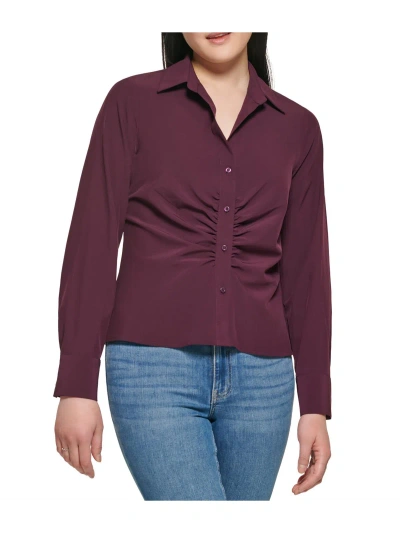 Calvin Klein Womens Ruched Collared Button-down Top In Purple