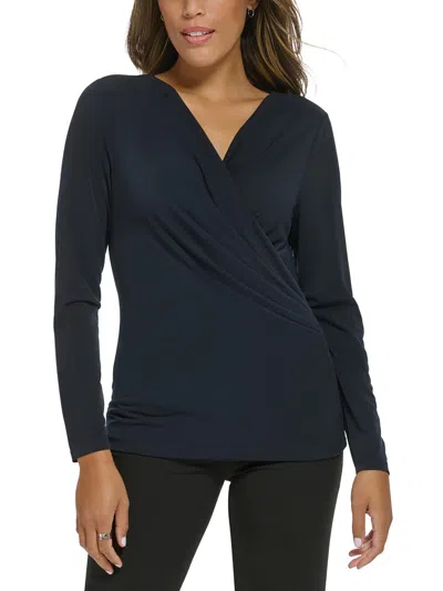 Calvin Klein Womens Ruched Jersey Wrap Top In Blue