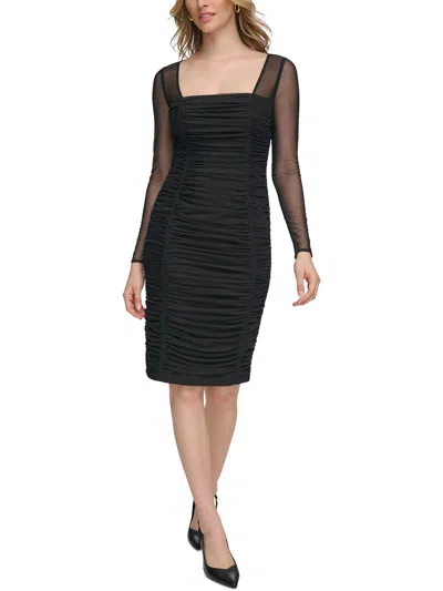 Calvin Klein Women's Ruched Sheer-sleeve Square-neck Sheath Dress In Black
