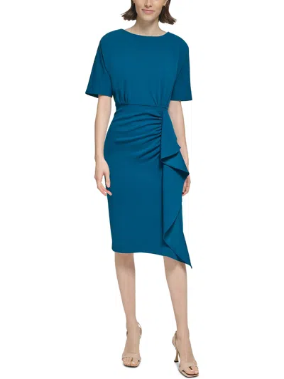 Calvin Klein Womens Ruffled Crepe Sheath Dress In Blue