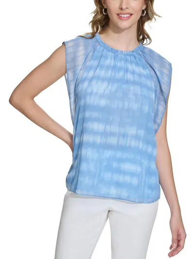 Calvin Klein Womens Ruffled Neck Workwear Pullover Top In Blue